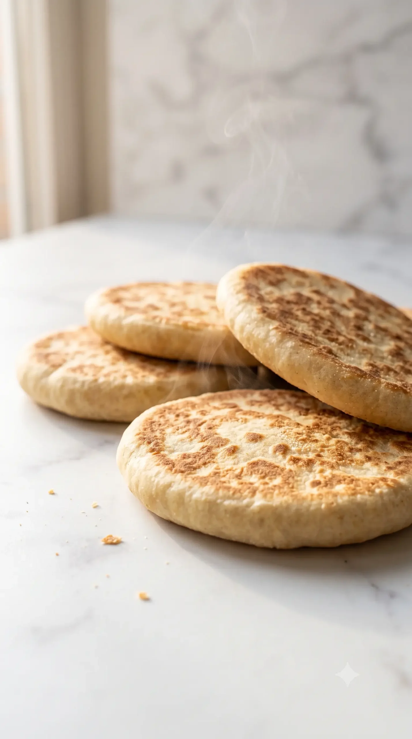 Schnelles Pfannenbrot ohne Hefe frisch gebacken aus der Froschperspektive — plastische und ansprechende Nahansicht der warmen Fladen.