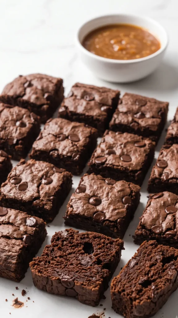 Buchweizen-Brownie mit Karamellsauce serviert — saftiges veganes Schoko-Quadrat