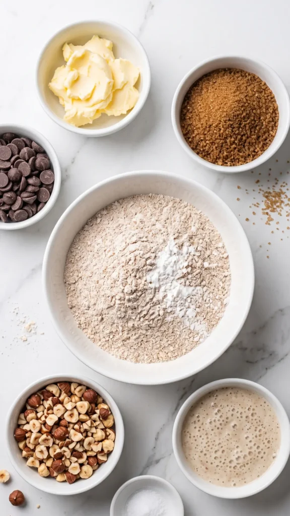 Zutaten für Haselnuss-Schoko-Cookies mit Sauerteig: Dinkel-Vollkornmehl, Butter, Vollrohrzucker, Sauerteig, Nüsse und Schokochips