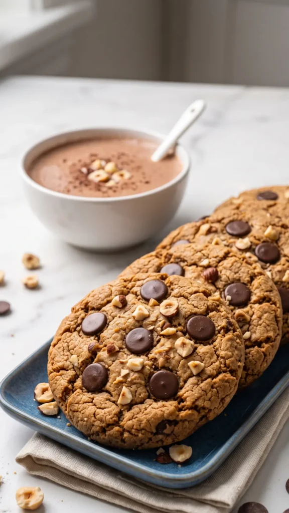 Haselnuss-Schoko-Cookies mit Sauerteig serviert mit Tasse heiße Schokolade mit Haferdrink — Keksstapel auf blauem Teller