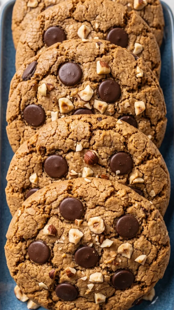 Nahaufnahme von Haselnuss-Schoko-Cookies mit Sauerteig — Fokus auf die rissige Oberfläche mit Nüssen und Schokostücken