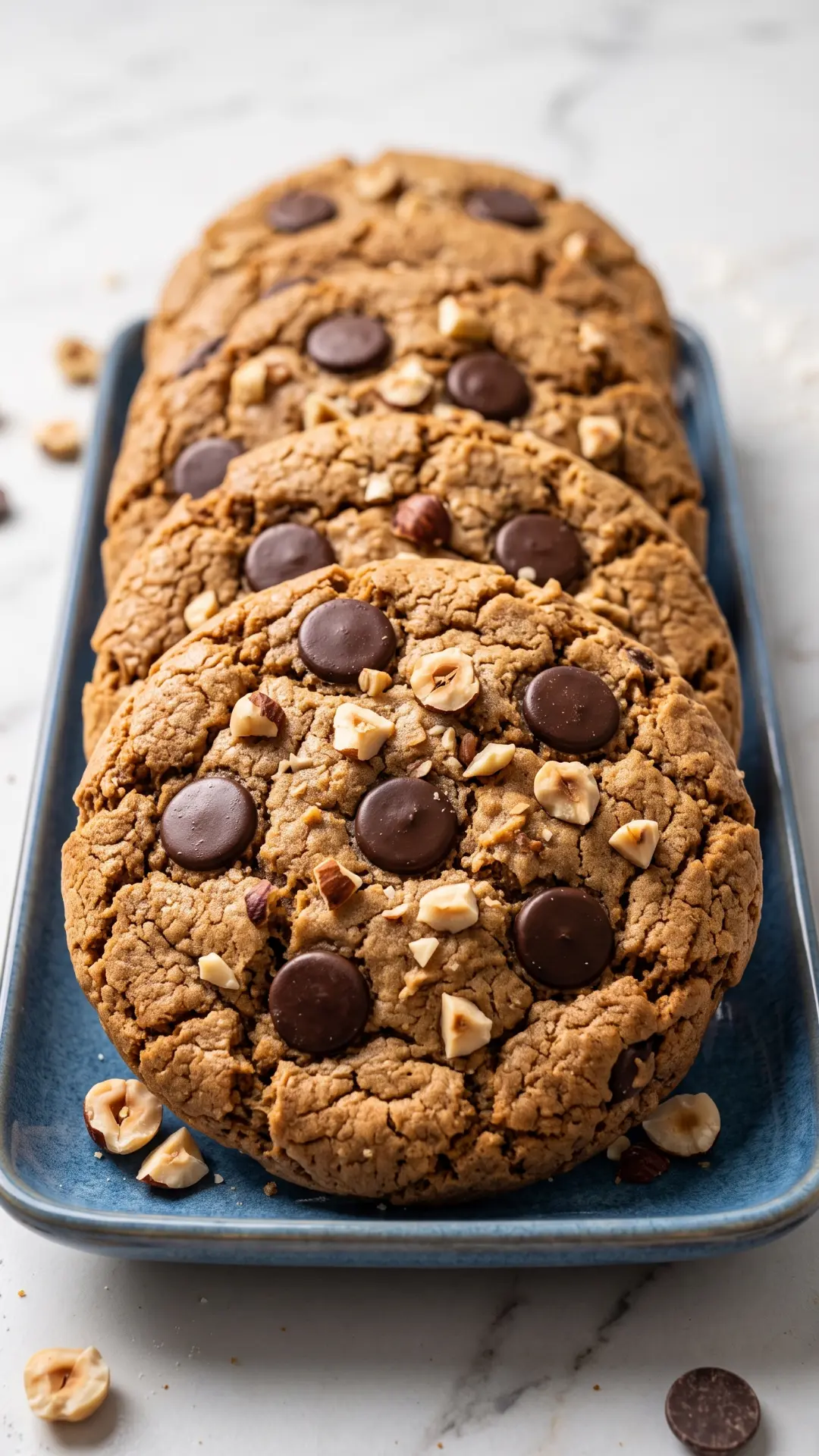 Haselnuss-Schoko-Cookies mit Sauerteig frisch gebacken aus der Froschperspektive — markante Textur und Schichtung der Cookies