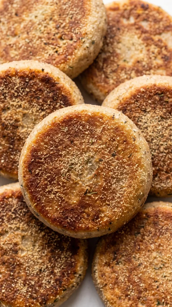 Nahaufnahme von Sauerteig-Pfannkuchen — detaillierte Oberflächenstruktur mit feinen Pfannenspuren und getrockneten Kräutern.