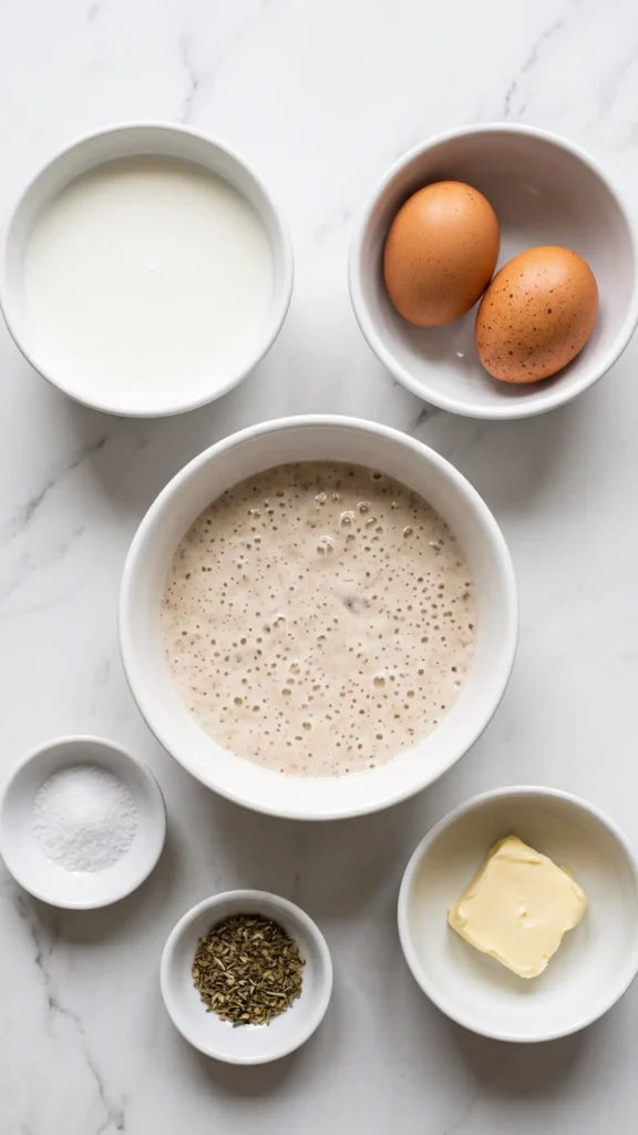 Zutaten für herzhafte Sauerteig-Pfannkuchen: Sauerteig, Milch, Eier, Butter, Kräuter und Salz auf weißem Marmor.