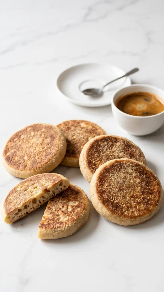Sauerteig-Pfannkuchen serviert mit Espresso — ein gerollter Kräuter-Pfannkuchen präsentiert die softe Textur von innen.