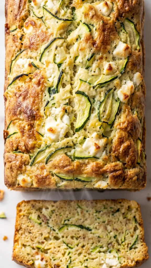 Nahaufnahme von herzhaftem Zucchinikuchen — präzise Details der goldgelb gebackenen Kruste mit feinen Feta- und Gemüsespuren.