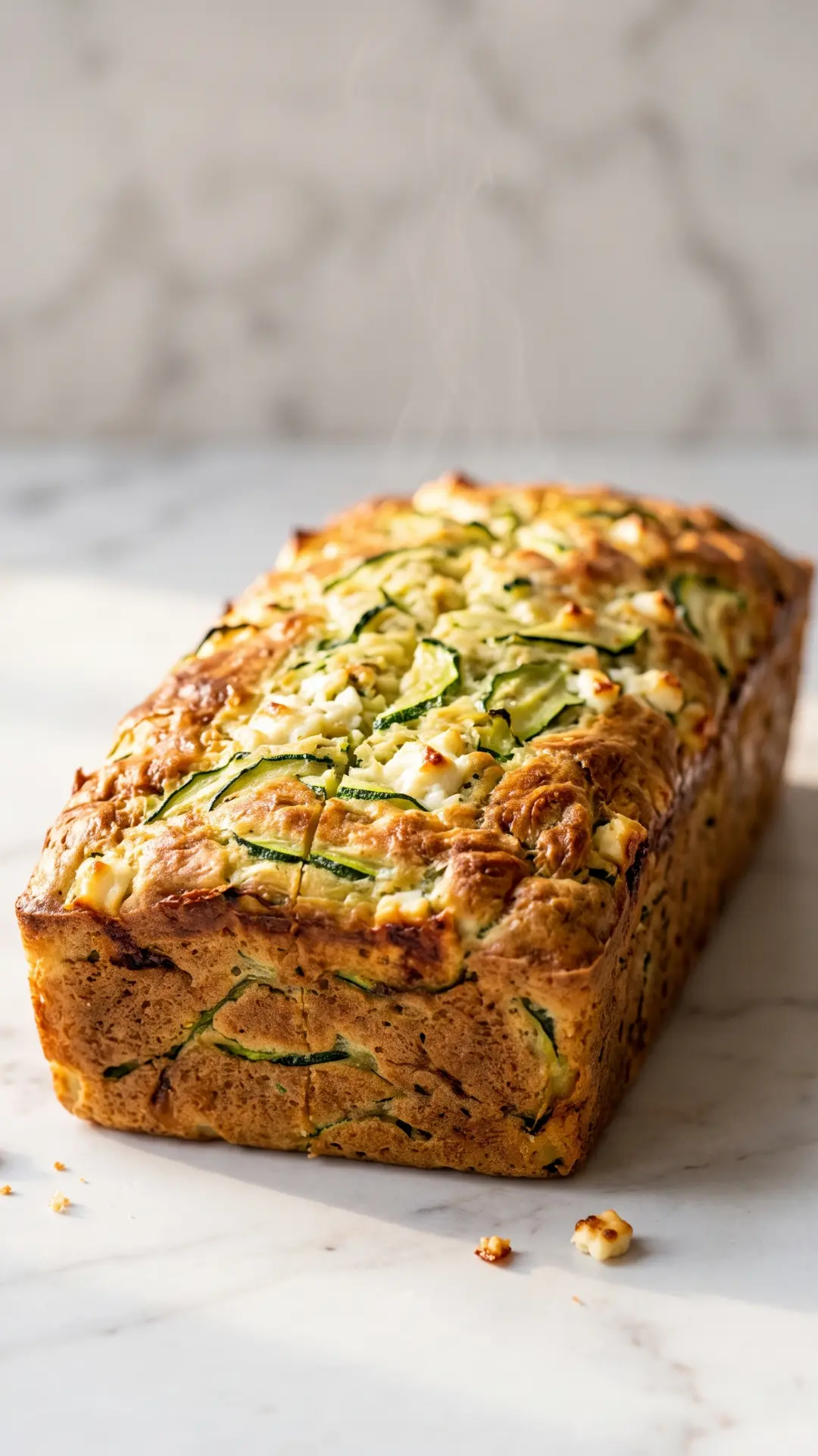 Herzhafter Zucchinikuchen frisch gebacken aus der Froschperspektive — plastische, ansprechende Ansicht des pikanten Gemüsekuchens.