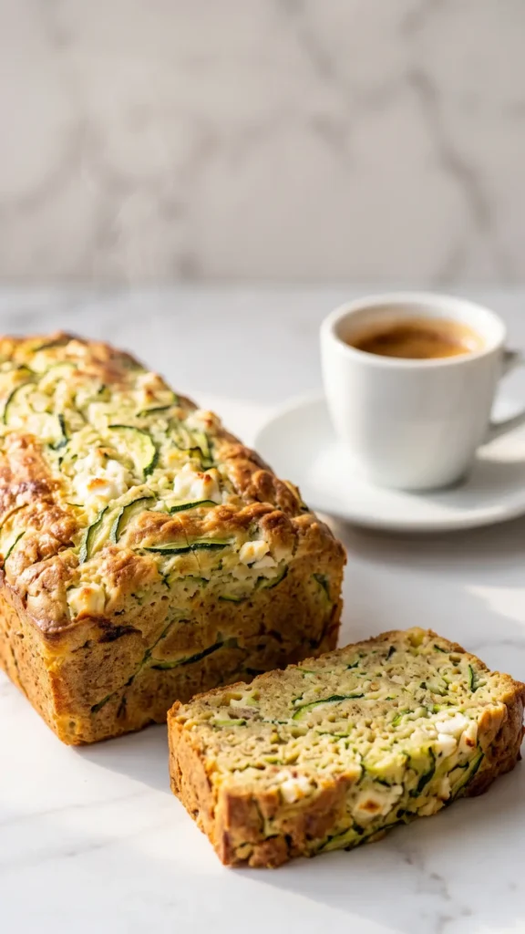 Herzhafter Zucchinikuchen serviert mit Espresso — eine perfekt abgeschnittene Kuchenscheibe zeigt das saftige grüne Innenleben.