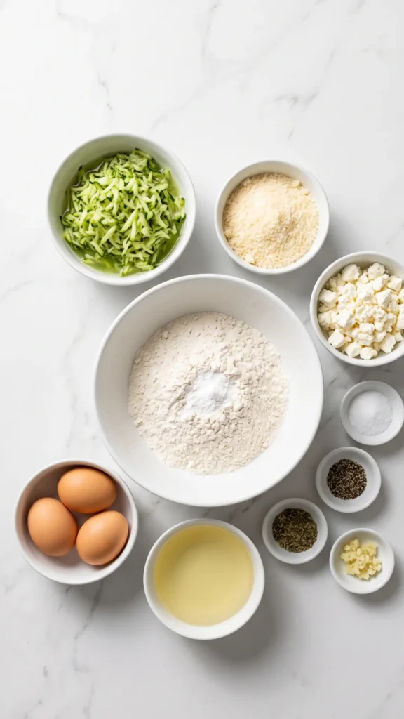 Zutaten für herzhaften Zucchinikuchen: Mehl, geraspelte Zucchini, Parmesan, Feta, Eier, Pflanzenöl, Knoblauch und Gewürze auf Marmor.