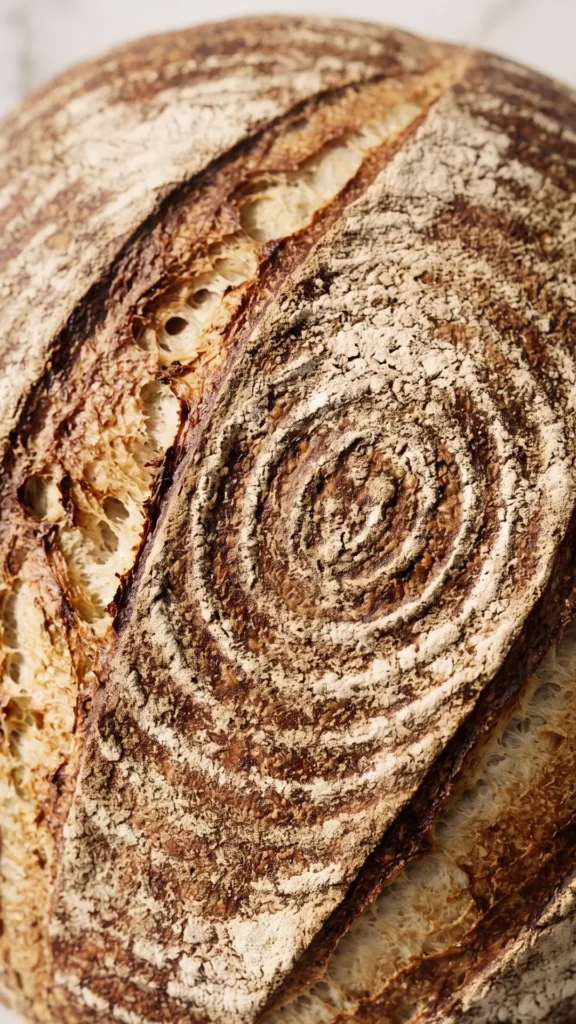 Nahaufnahme von Roggenbrot — detailreiche Struktur der bemehlten Kruste und der tiefen, handwerklichen Einschnitte.