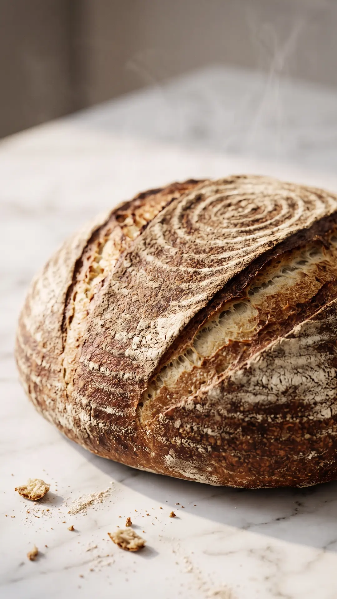 Roggenbrot frisch gebacken — kräftiges Sauerteigbrot mit markanten Einschnitten und bemehlter Kruste auf weißem Marmor.