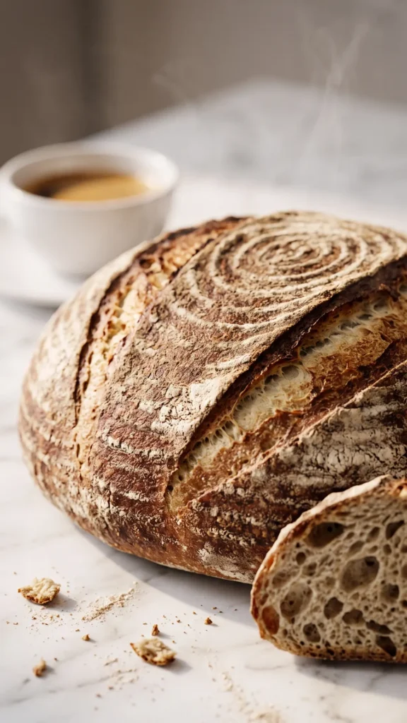 Roggenbrot serviert mit Espresso — eine perfekt abgeschnittene Scheibe offenbart die dichte, saftige Krume des Sauerteigbrotes.