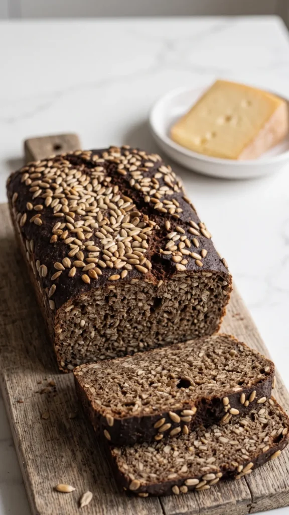 Kerniges Schwarzbrot in dünne Scheiben geschnitten serviert mit kräftigem Bergkäse — traditionsreiche Brotzeit