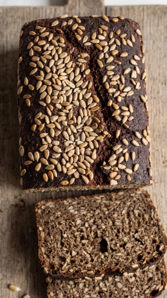 Makro-Nahaufnahme von kernigem Schwarzbrot — dunkle Schrotkrume mit vollgepackten Sonnenblumenkernen