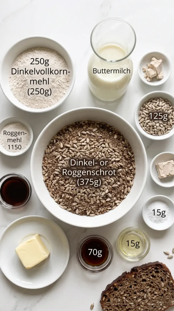 Zutaten für kerniges Schwarzbrot: Roggenschrot, Dinkelvollkornmehl, Buttermilch, Sonnenblumenkerne, Sauerteig, Rübensirup und Hefe