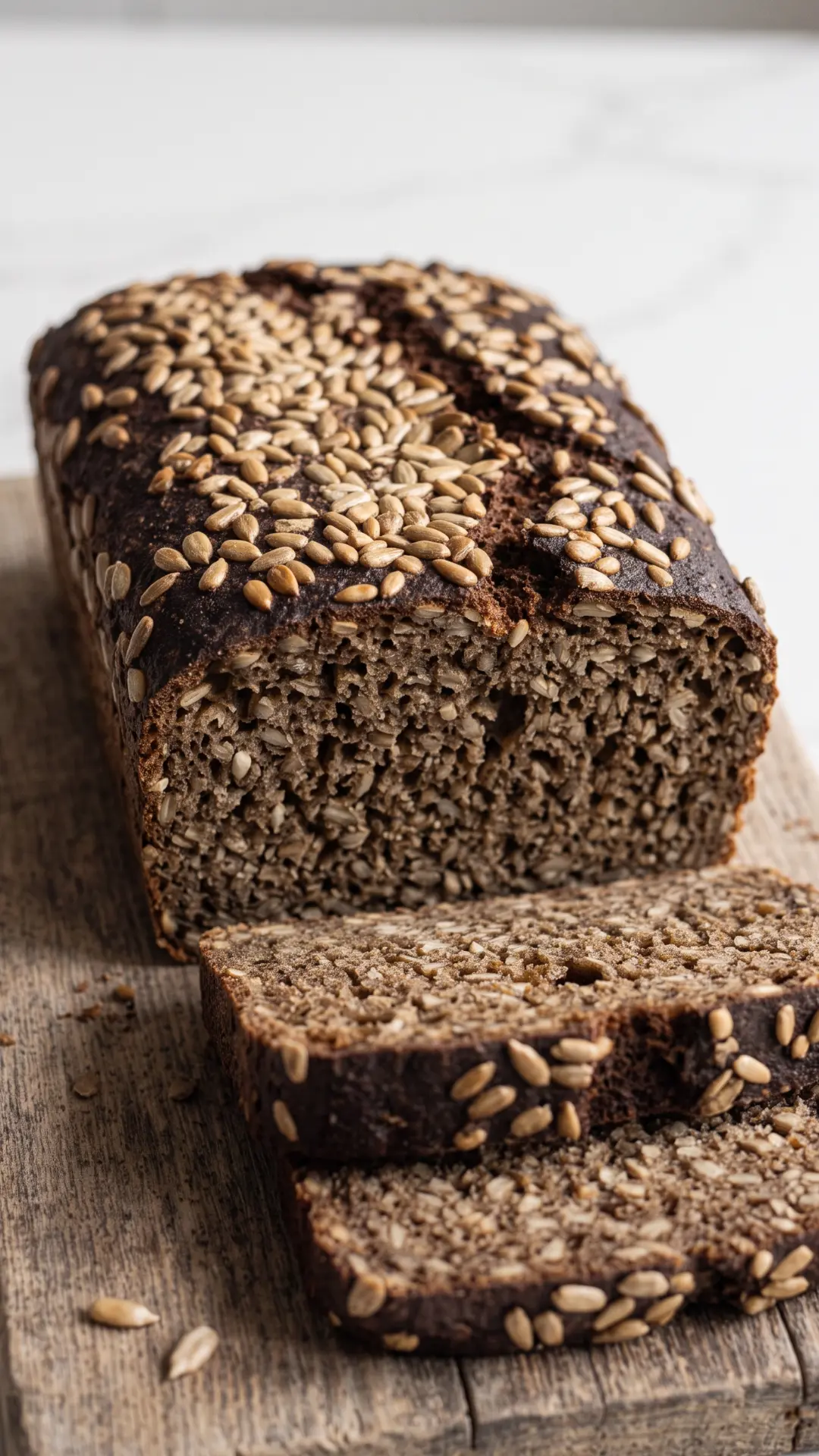 Saftiges Schwarzbrot aus der Froschperspektive — dunkles Schrotbrot vollgepackt mit Sonnenblumenkernen