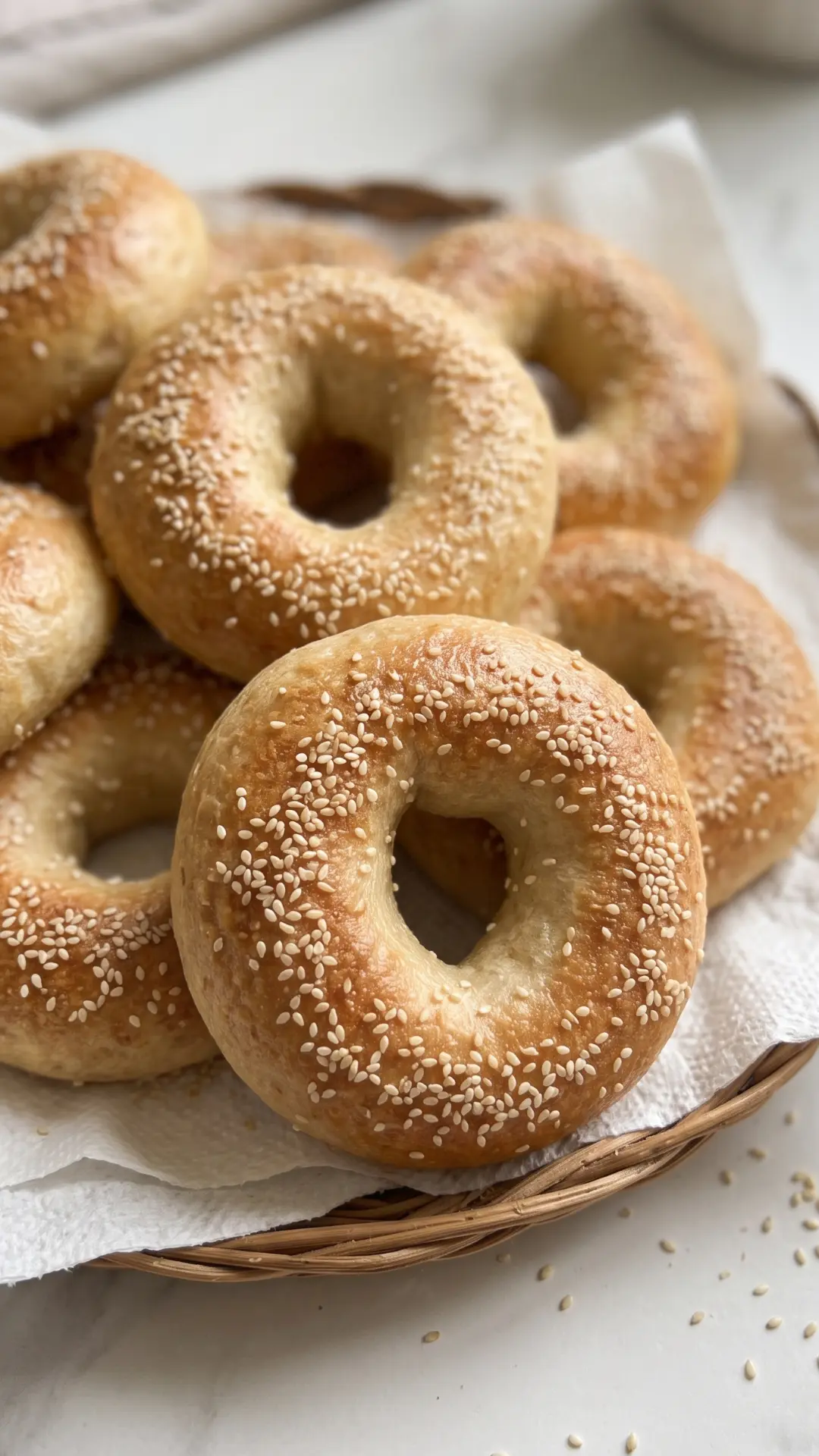 Bagels frisch gebacken aus der Froschperspektive — glänzende Kruste