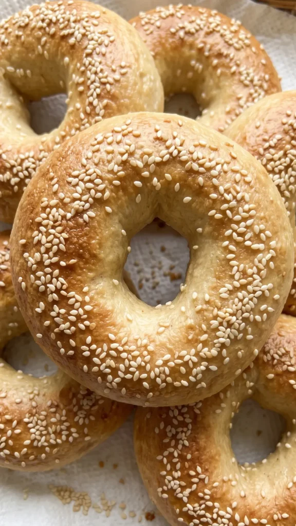 Nahaufnahme von Bagels — krosse Kruste mit Sesam im Detail