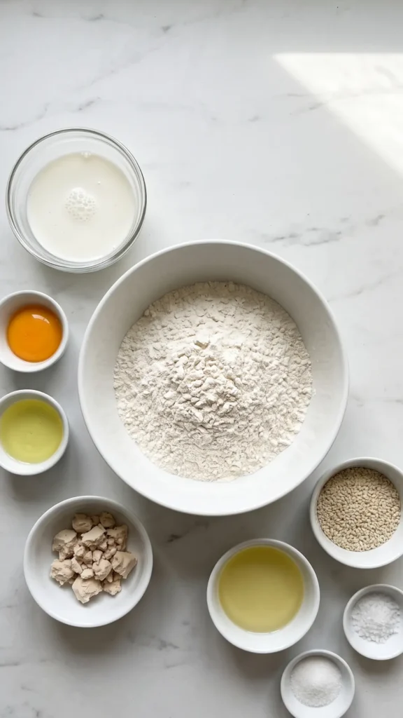 Zutaten für Bagels: Weizenmehl, Milch, frische Hefe, Ei, Öl, Sesam, Salz und Zucker