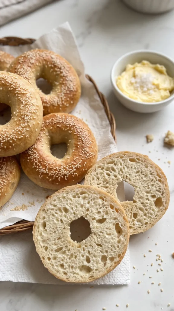 Bagels serviert mit gesalzener Butter — rustikale Frühstücksszene