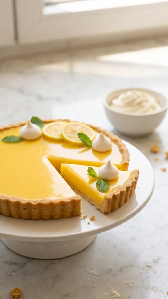 Ein Stück Tarte au Citron serviert mit frischer, ungesüßter Schlagsahne — edler französischer Dessertteller