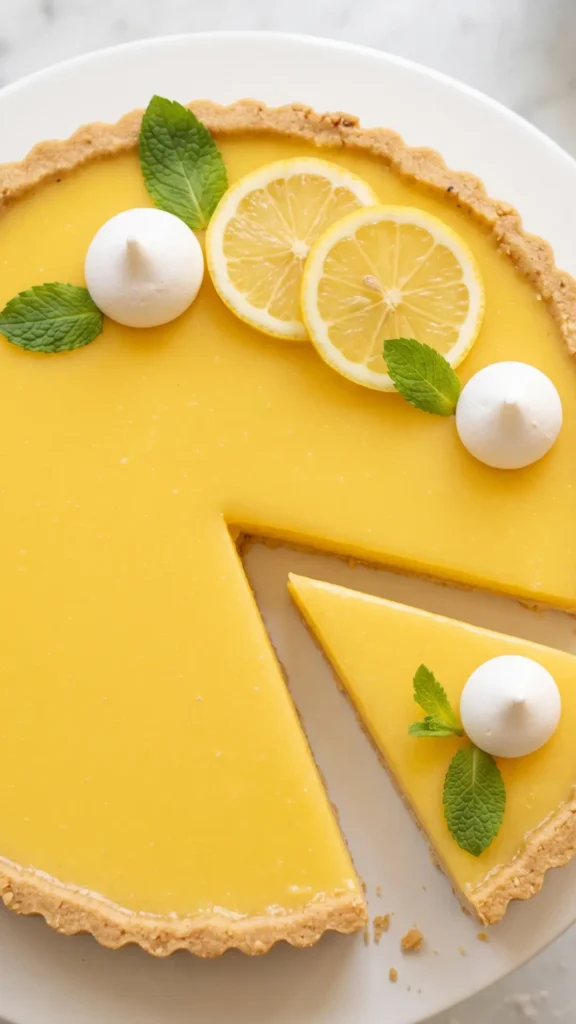 Makro-Nahaufnahme der Tarte au Citron — glänzende Struktur der Zitronencreme und mürber Teigrand
