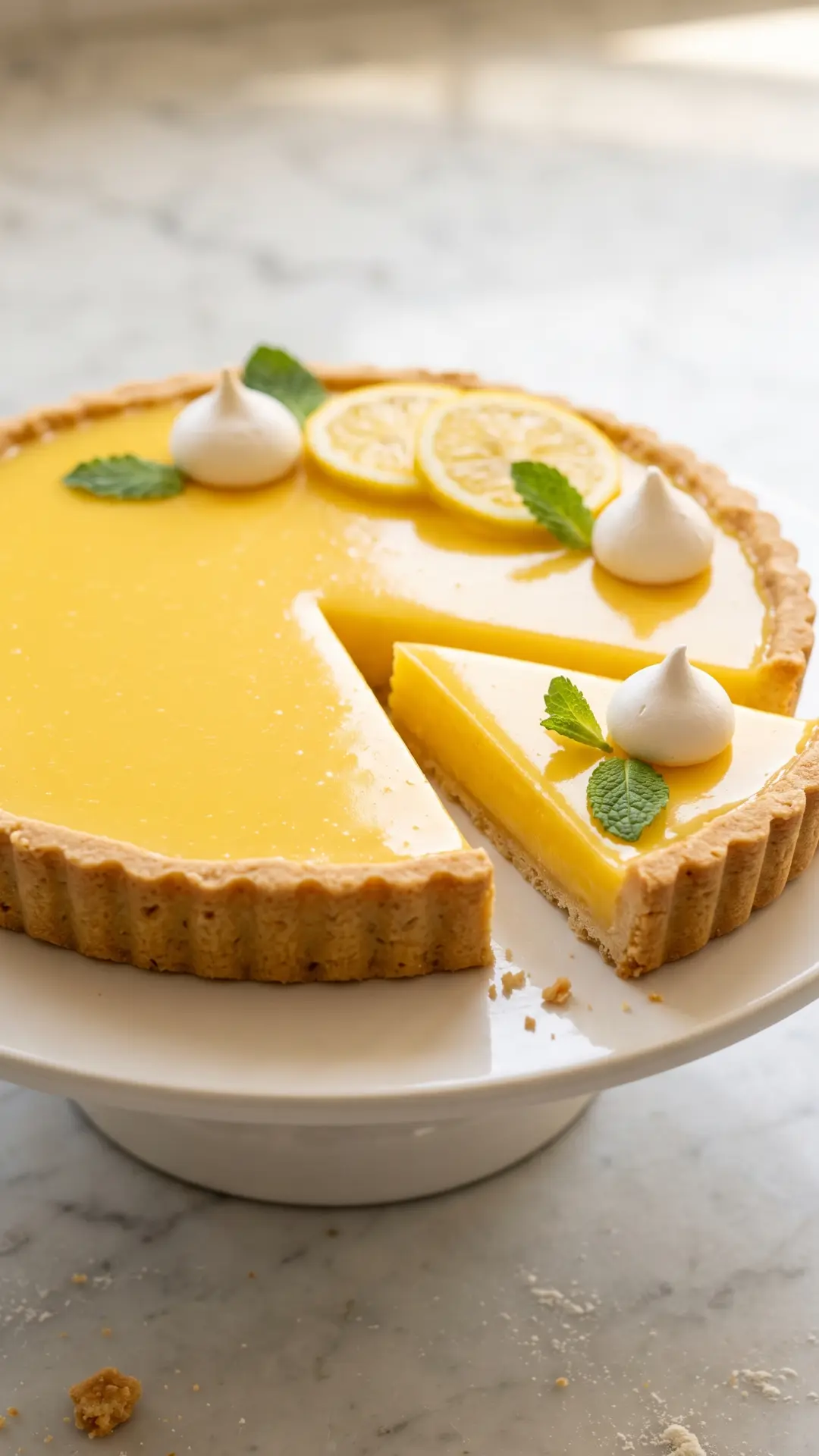 Tarte au Citron aus der Froschperspektive — prachtvolle französische Zitronentorte auf edlem Ständer