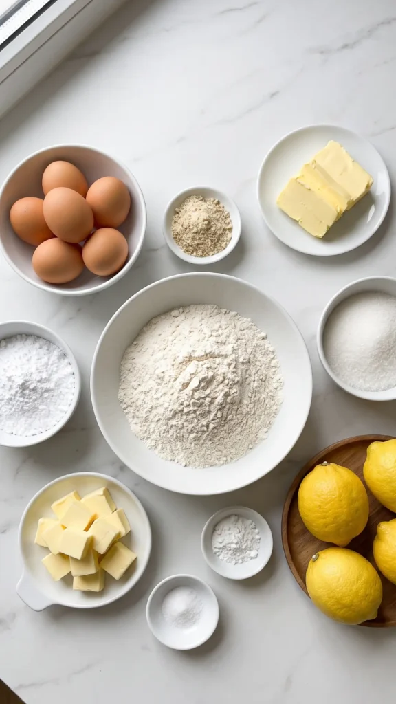 Zutaten für französische Tarte au Citron: Weizenmehl, Butter, Eier, Bio-Zitronen, Mandeln und Puderzucker