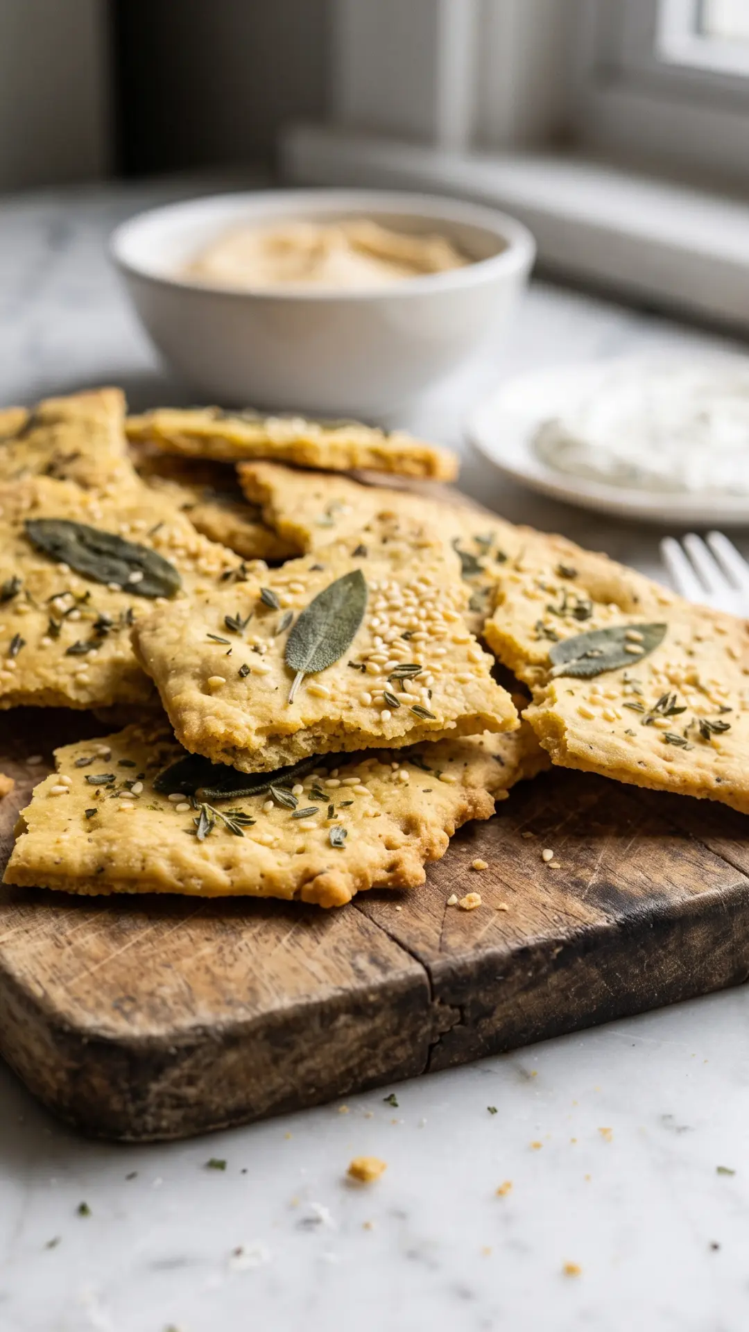 Knusprige Sauerteig-Cracker mit Kräutern und Sesam frisch gebacken — rustikal gebrochene Cracker-Kräcker.