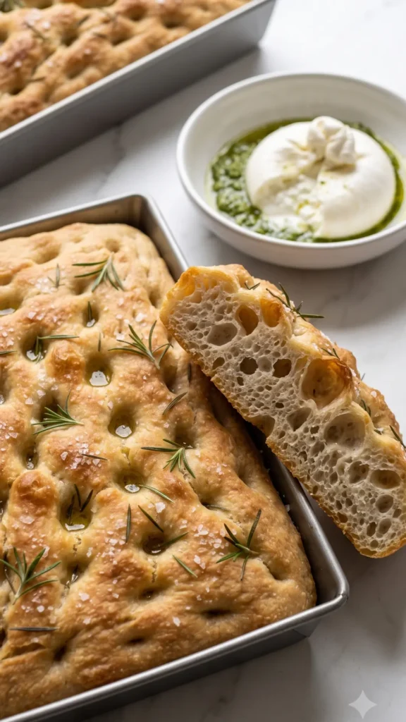 Aufgeschnittene Sauerteig-Focaccia serviert mit cremigem Burrata und Basilikum-Pesto auf Marmor.
