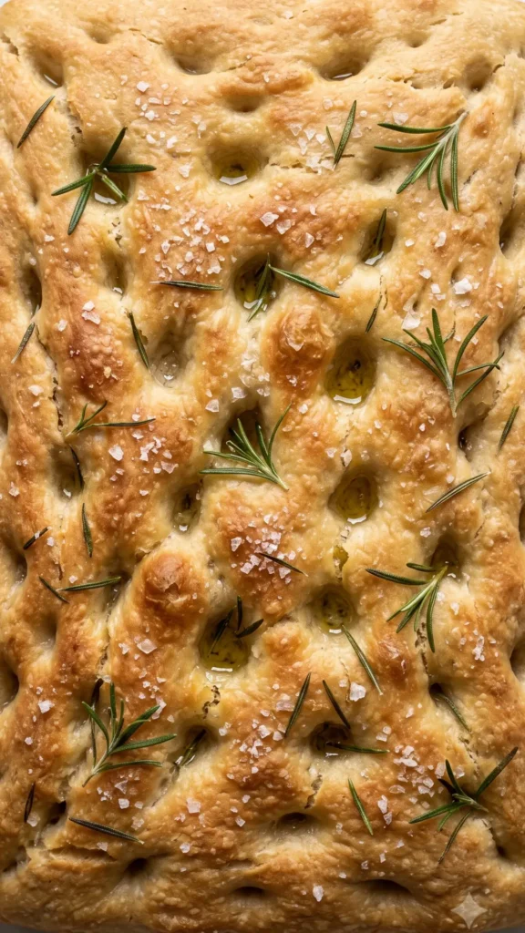 Nahaufnahme von Sauerteig-Focaccia — knusprige Luftblasen, Olivenöl, Rosmarinnadeln und Meersalzkristalle.