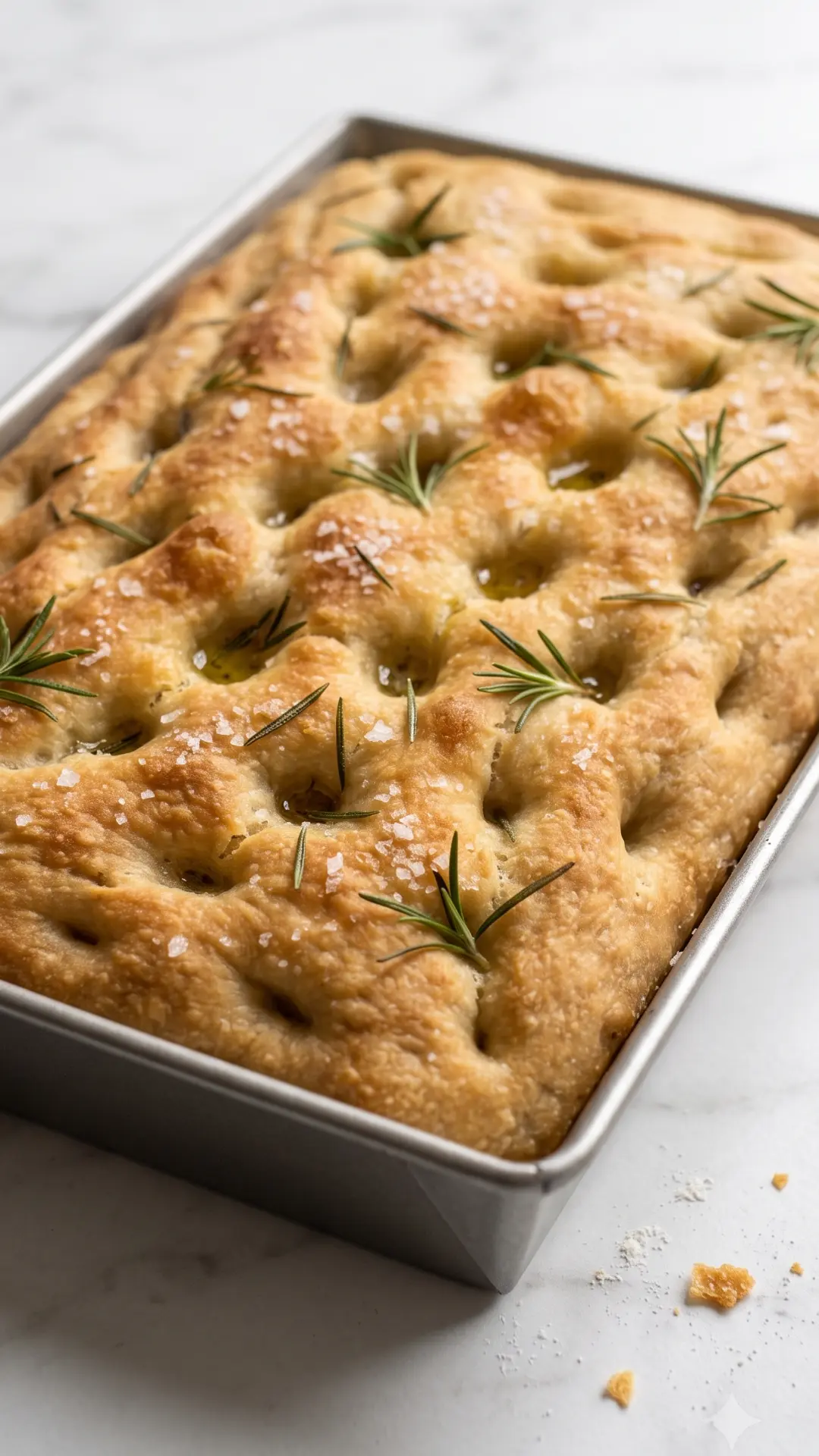 Hohe italienische Sauerteig-Focaccia in einer Backform aus der Froschperspektive.