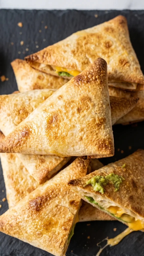 Nahaufnahme von krossen Wrap-Ecken aus dem Airfryer — blasige Krustentextur und geschmolzener Cheddar-Käse