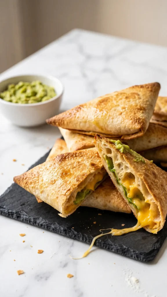 Heißluftfritteusen Wrap-Ecken serviert mit fruchtiger Salsa-Sauce und Guacamole — perfekter Fingerfood-Teller