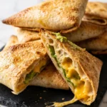 Knusprige Wrap-Ecken frisch aus dem Airfryer — goldbraun gebackene Tortilla-Dreiecke mit geschmolzenem Käsekern auf einer Schieferplatte
