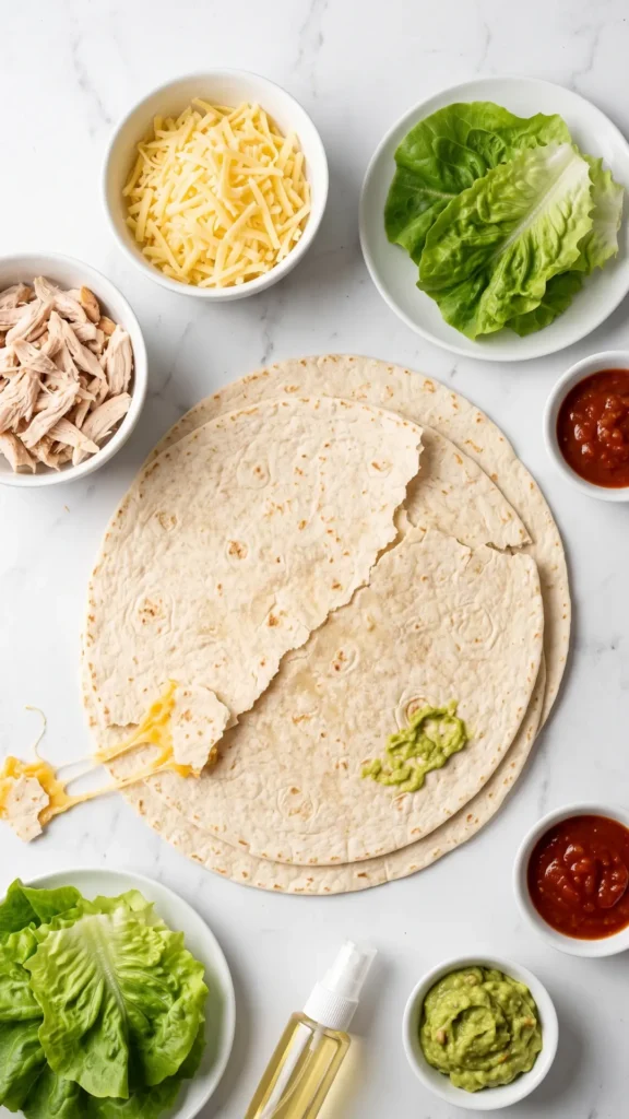 Zutaten für krosse Wrap-Ecken aus der Heißluftfritteuse: Weizentortillas, geriebener Cheddar, gekochtes Huhn, Salat, Salsa und Guacamole