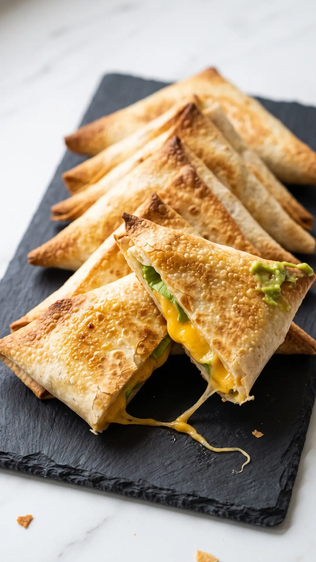 Krosse Wrap-Ecken aus der Heißluftfritteuse aus der Froschperspektive — goldbraun gebackene Tortilla-Schichten
