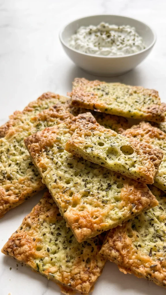 Zucchini-Kräcker mit Kräutern serviert mit Kräuter-Quark — gesunder Dip-Snack