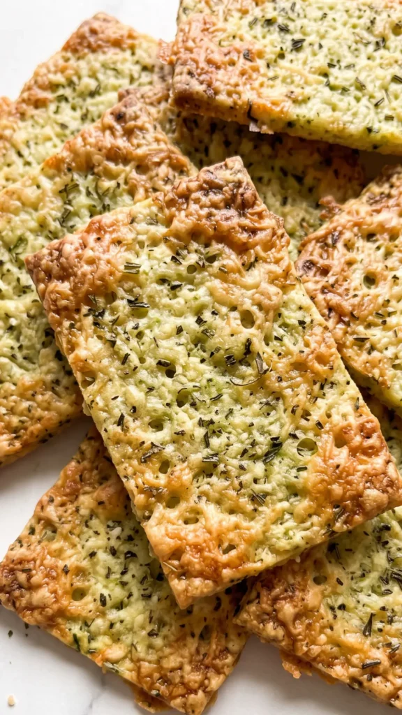 Nahaufnahme von Zucchini-Kräckern mit Kräutern — knusprige Parmesan-Kruste mit Kräutern