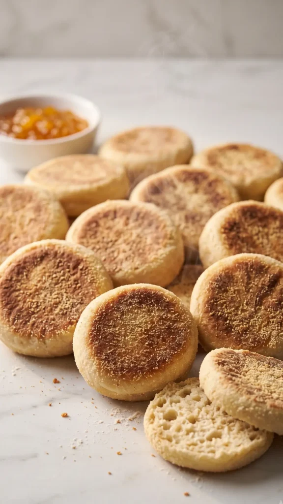 Englische Toasties serviert mit Orangenmarmelade — ein aufgebrochenes Brötchen offenbart das luftige, softige Innere.