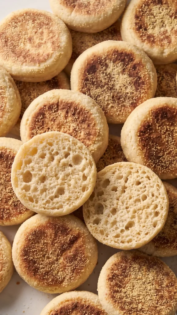 Nahaufnahme von englischen Toasties — detailreiche Struktur der knusprigen Grießkruste und der Backspuren.