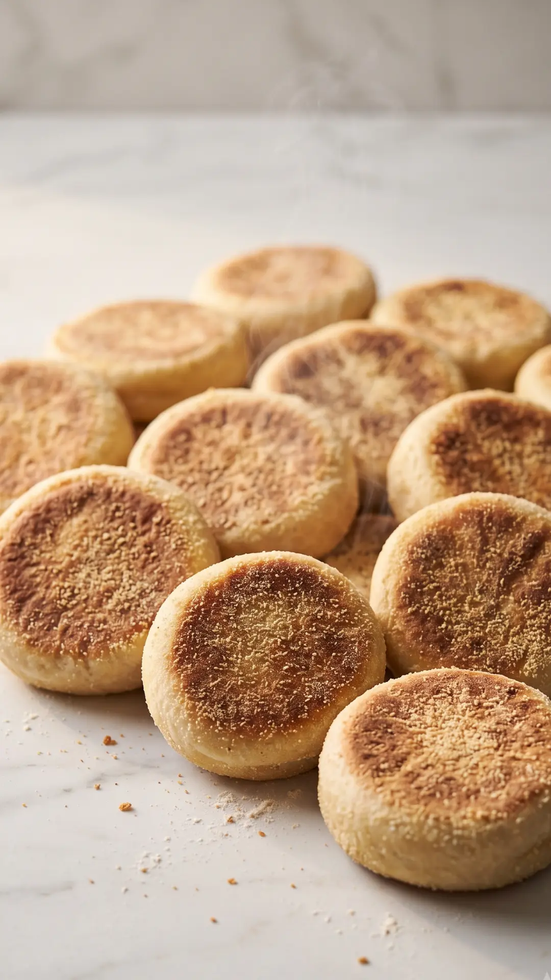 Englische Toasties frisch gebacken aus der Froschperspektive — plastische Ansicht der prall aufgegangenen Toastbrötchen.