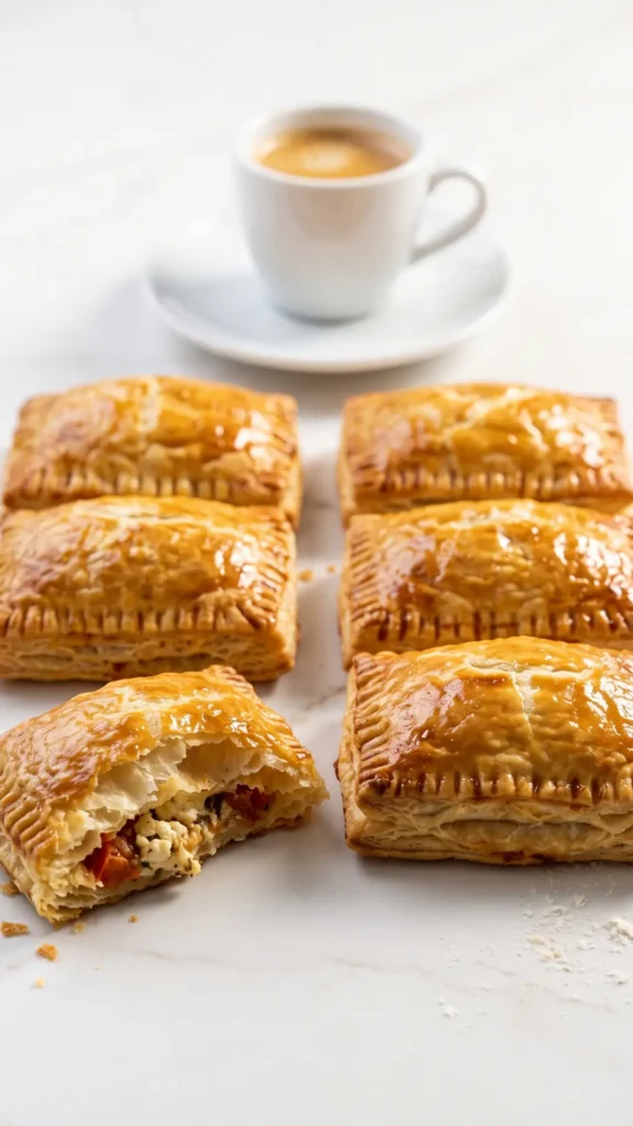 Mediterrane Blätterteigtaschen serviert mit Espresso — eine aufgebrochene Tasche zeigt die heiße Feta-Tomaten-Füllung.