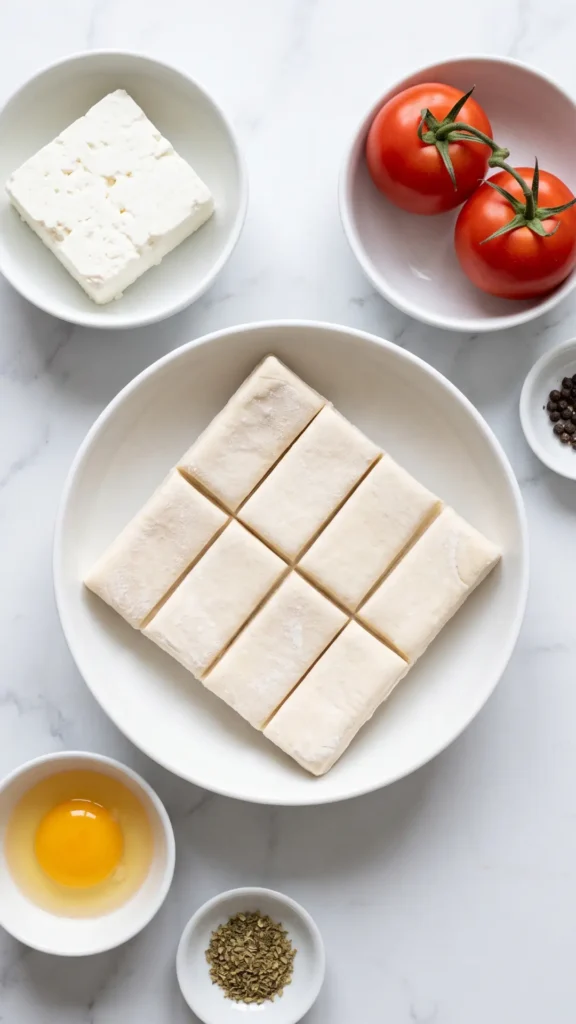 Zutaten für mediterrane Blätterteigtaschen: Blätterteigplatten, Feta-Käse, frische Tomaten und ein Eigelb auf weißem Marmor.