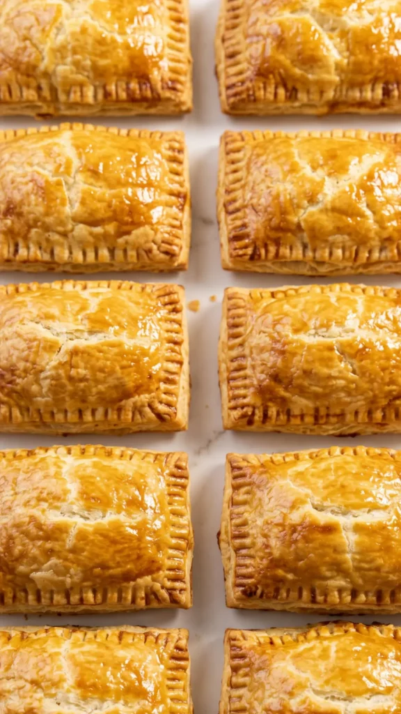 Nahaufnahme von Mediterranen Blätterteigtaschen — präzise Struktur des knusprigen Blätterteigs und des geprägten Randes.