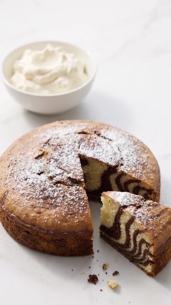 Mini Zebrakuchen in Scheiben geschnitten serviert mit Schlagsahne — süßer Nachmittagskaffee