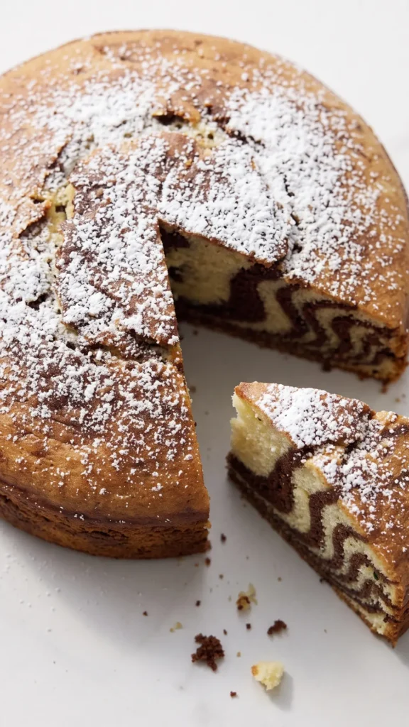 Makro-Nahaufnahme von Mini Zebrakuchen — saftiges Streifenmuster aus Vanille- und Schokoteig mit Puderzucker