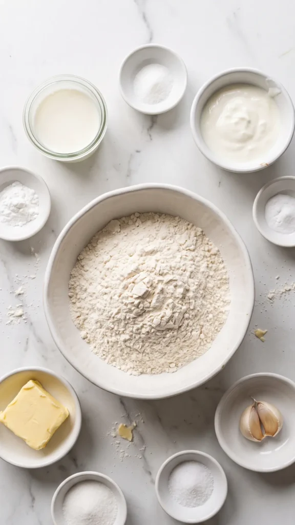 Zutaten für Naan ohne Hefe: Weizenmehl, Naturjoghurt, Milch, Butter, Backpulver und Knoblauch.