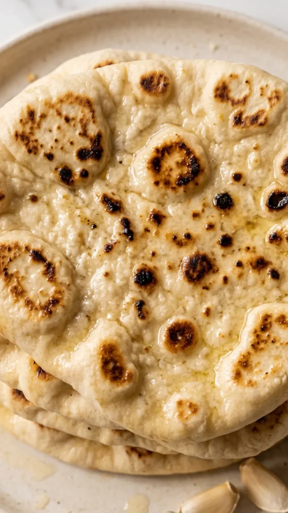 Nahaufnahme von Naan-Brot — Röstblasen, flüssige Knoblauchbutter und softe Struktur.