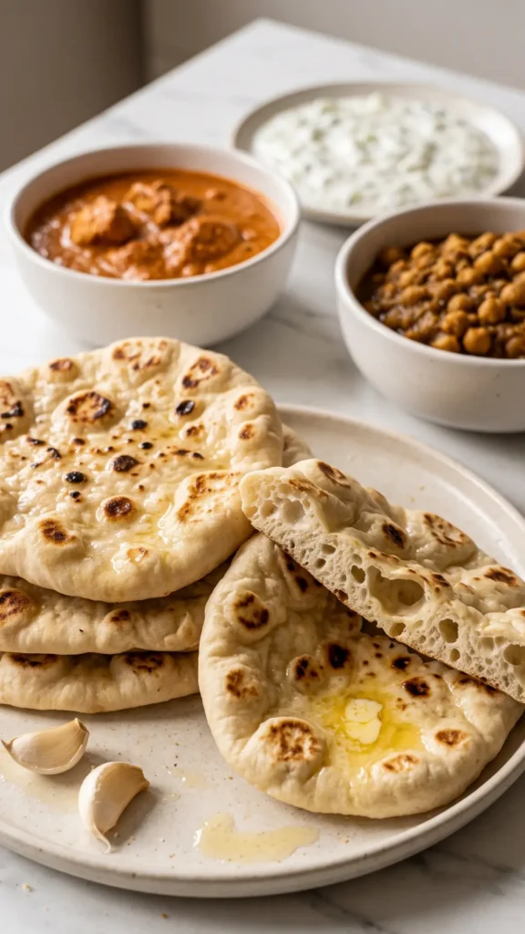 Frisch gebackenes Naan-Brot serviert mit cremiger Butter und indischem Curry.